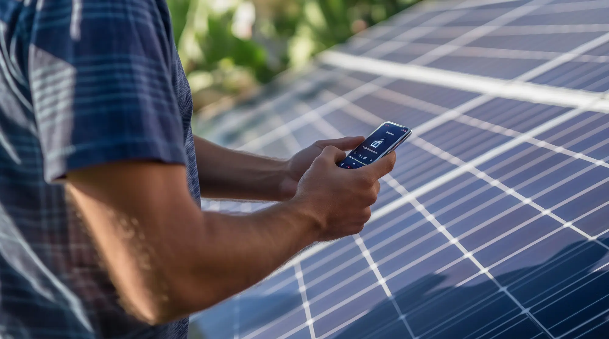 Mann verfolgt die Leistung seiner Photovoltaikanlage über App am Smartphone
